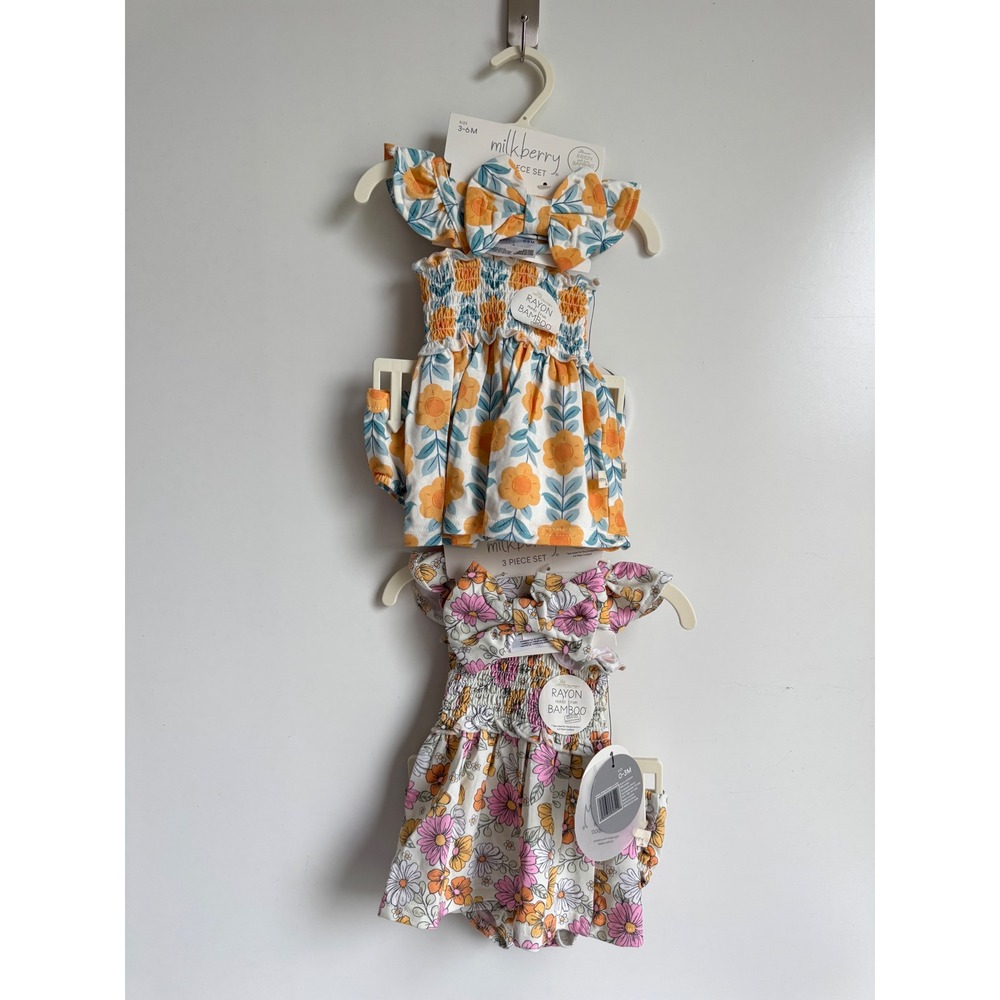 Milkberry Rayon Bamboo Floral Smocked Top Bloomer Headband Set of 2 0-3M 3-6M